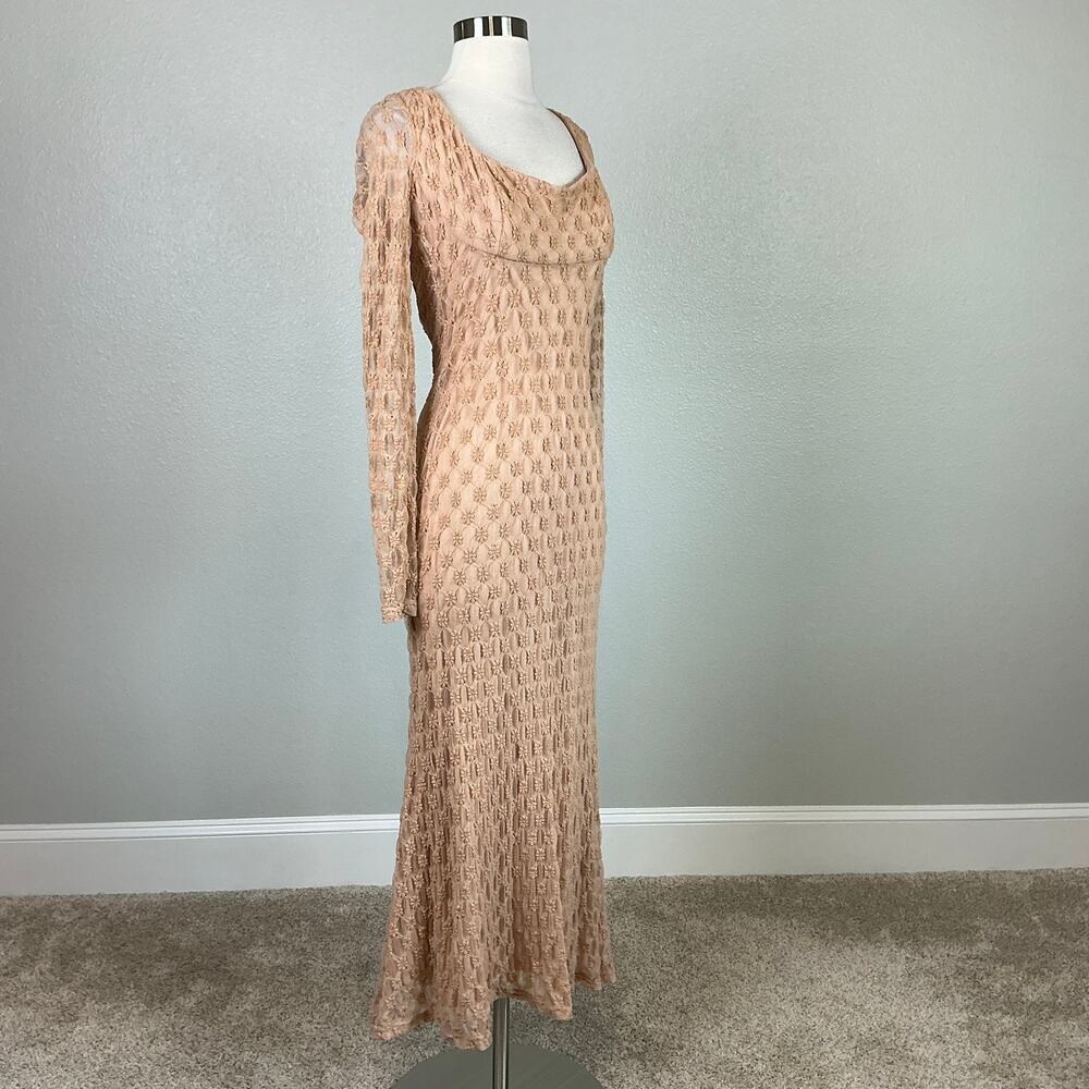 Bardot Beige Cocktail Dress Adoni Floral Lace Long Sleeve Midi Sheath Size 10 - Picture 3 of 13